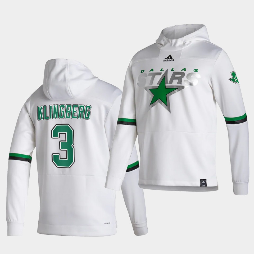Men Dallas Stars #3 Klingberg White NHL 2021 Adidas Pullover Hoodie Jersey